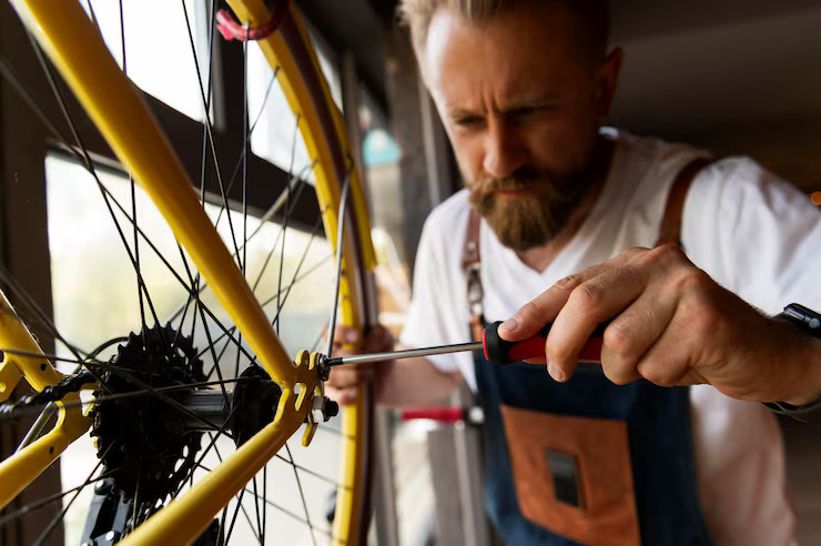 Nahaufnahme eines jungen Mannes der an einem Fahrrad arbeitet.