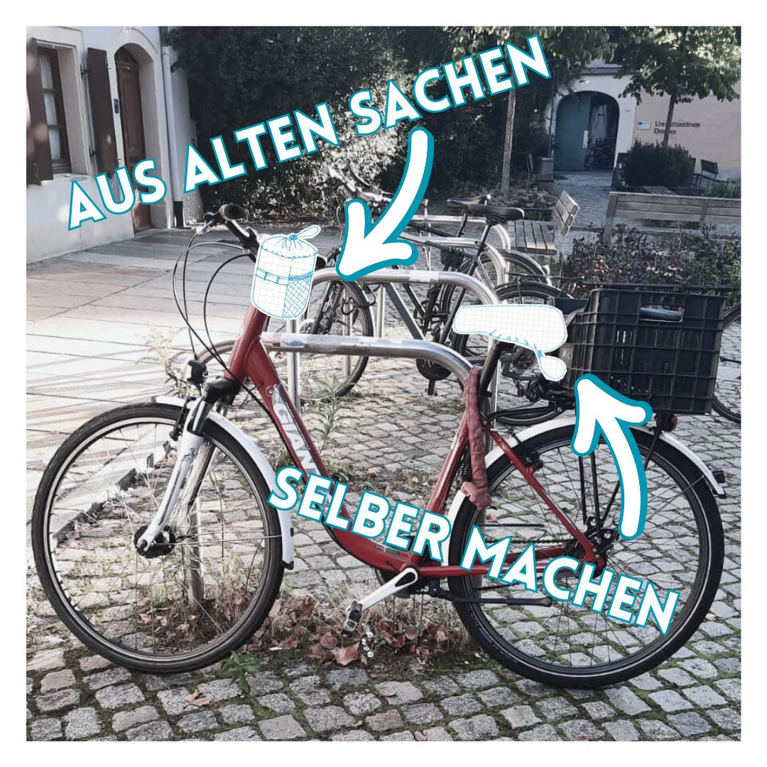 Bild von einem Fahrrad, an dem im Comicstil ein Fressbeutel und Sattelüberzug dran gezeichnet sind