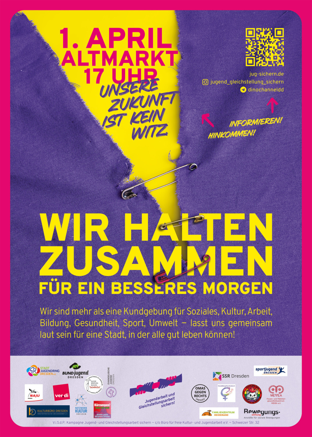 Demoplakat "Wir halten zusammen - für ein besseres Morgen" am 01. April von 17-20 Uhr auf dem Altmarkt